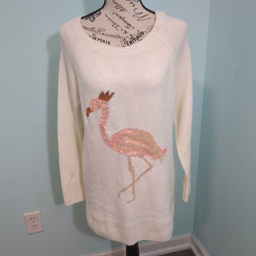 LC Lauren Conrad Sequin Women's Flamingo Sweater medium bling preppy